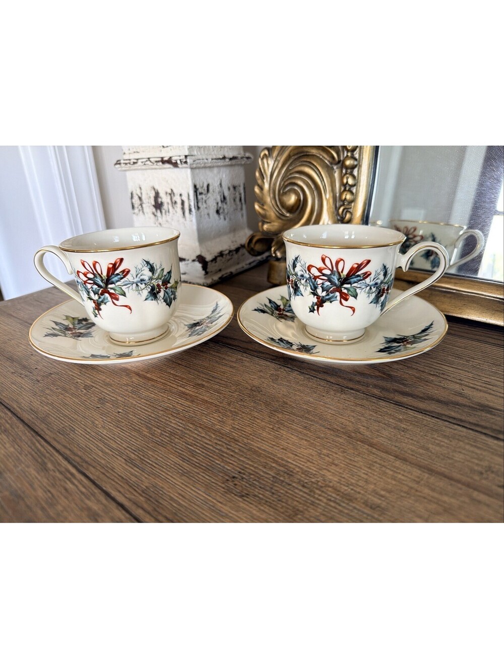 Lenox Winter Greetings Footed Teacup & Saucer Bone China Set of 2 USA